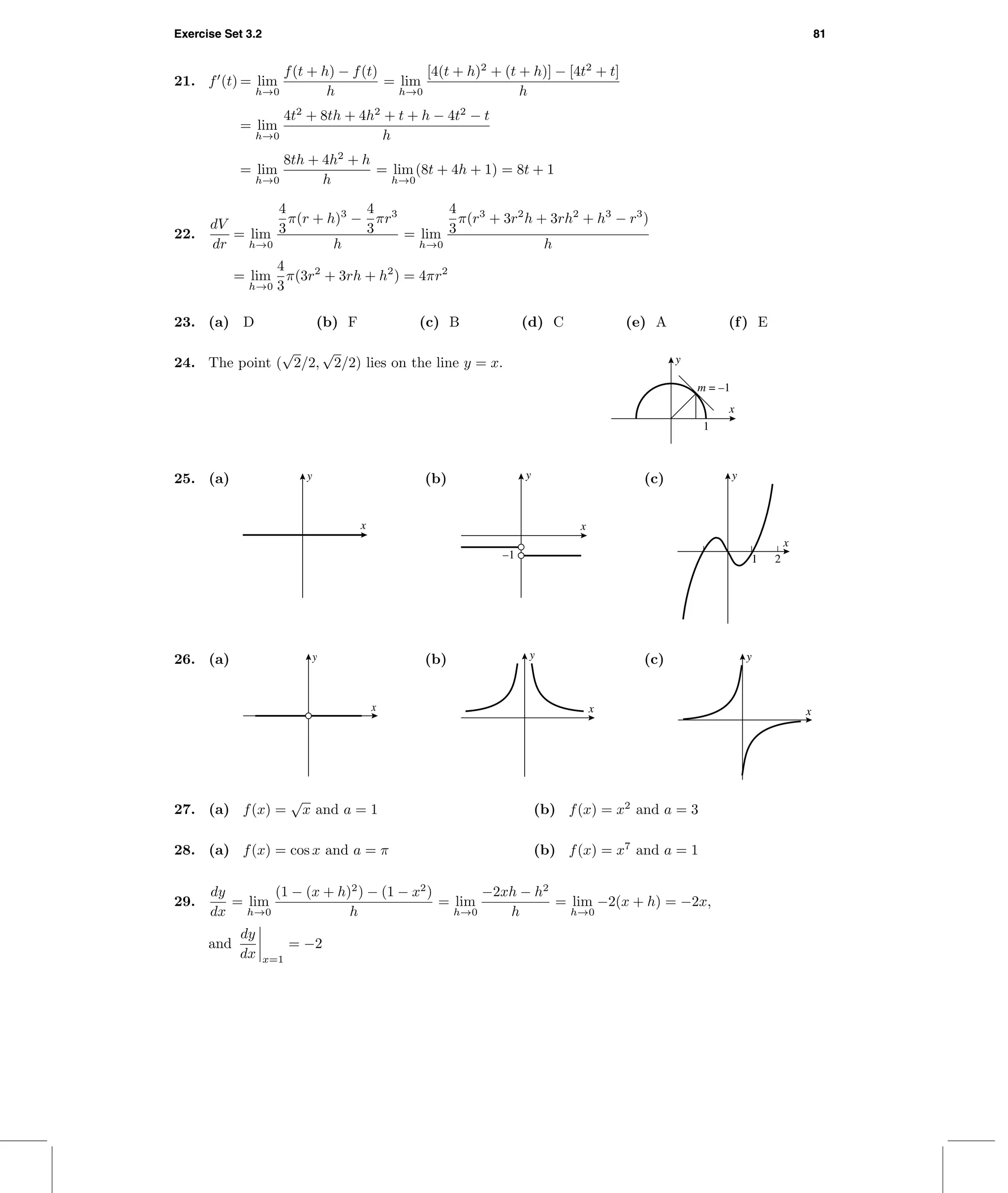 Exercise Set 3.2 81
21. f (t) = lim
h→0
f(t + h) − f(t)
h
= lim
h→0
[4(t + h)2
+ (t + h)] − [4t2
+ t]
h
= lim
h→0
4t2
+ 8th + 4h2
+ t + h − 4t2
− t
h
= lim
h→0
8th + 4h2
+ h
h
= lim
h→0
(8t + 4h + 1) = 8t + 1
22.
dV
dr
= lim
h→0
4
3
π(r + h)3
−
4
3
πr3
h
= lim
h→0
4
3
π(r3
+ 3r2
h + 3rh2
+ h3
− r3
)
h
= lim
h→0
4
3
π(3r2
+ 3rh + h2
) = 4πr2
23. (a) D (b) F (c) B (d) C (e) A (f) E
24. The point (
√
2/2,
√
2/2) lies on the line y = x.
x
m = –1
y
1
25. (a)
x
y (b)
x
y
–1
(c)
x
y
1 2
26. (a)
x
y (b)
x
y (c)
x
y
27. (a) f(x) =
√
x and a = 1 (b) f(x) = x2
and a = 3
28. (a) f(x) = cos x and a = π (b) f(x) = x7
and a = 1
29.
dy
dx
= lim
h→0
(1 − (x + h)2
) − (1 − x2
)
h
= lim
h→0
−2xh − h2
h
= lim
h→0
−2(x + h) = −2x,
and
dy
dx x=1
= −2
 