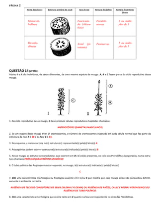 PÁGINA   2



                 Monocoti-                                       Fascicula-        Paraleli-            3 ou múlti-
                 ledônea                                         da (Adven-        nervas               plos de 3
                                                                 tícia)




                 Dicotile-                                       Axial (pi-        Peninervas           5 ou múlti-
                 dôneas                                          votante)                               plos de 5




QUESTÃO 14 (UFMG)
Abaixo I e II são indivíduos, de sexos diferentes, de uma mesma espécie de musgo. A, B e C fazem parte do ciclo reprodutivo desse
musgo.




1. No ciclo reprodutivo desse musgo, C deve produzir células reprodutoras haplóides chamadas

                                              ANTEROZÓIDES (GAMETAS MASCULINOS)

2. Se um esporo desse musgo tiver 14 cromossomos, o número de cromossomos esperado em cada célula normal que faz parte da
estrutura da fase A é 28 e da fase C é 14.

3. No esquema, a meiose ocorre na(s) estrutura(s) representada(s) pela(s) letra(s) A

4. Arquegônios podem ocorrer apenas na(s) estrutura(s) indicada(s) pela(s) letra(s) B

5. Nesse musgo, as estruturas reprodutoras que ocorrem em B e C estão presentes, no ciclo das Pteridófitas isosporadas, numa estru-
tura chamada PRÓTALO (GAMETÓFITO MONÓICO)

6. O tubo polínico das Angiospermas corresponde, no musgo, à(s) estrutura(s) indicada(s) pela(s) letra(s)

                                                                   C

7. Cite uma característica morfológica ou fisiológica ausente em I e/ou II que mostra que esse musgo ainda não conquistou definiti-
vamente o ambiente terrestre.

 AUSÊNCIA DE TECIDOS CONDUTORES DE SEIVA (XILEMA E FLOEMA) OU AUSÊNCIA DE RAÍZES, CAULE E FOLHAS VERDADEIROS OU
                                           AUSÊNCIA DE TUBO POLÍNICO.

8. Cite uma característica morfológica que ocorre tanto em C quanto na fase correspondente no ciclo das Pteridófitas.
 