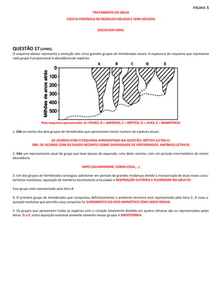 PÁGINA   5
                                                    TRATAMENTO DA ÁGUA
                                    COLETA PERIÓDICA DE RESÍDUOS SÓLIDOS E SEMI-SÓLIDOS


                                                       (ESCOLHER UMA)




QUESTÃO 17 (UFMG)
O esquema abaixo representa a evolução dos cinco grandes grupos de Vertebrados atuais. A espessura do esquema que representa
cada grupo é proporcional à abundância de espécies.




                   Pelo esquema apresentado: A= PEIXES; B = ANFÍBIOS; C = RÉPTEIS; D = AVES; E = MAMÍFEROS

1. Cite os nomes dos dois grupos de Vertebrados que apresentam menor número de espécies atuais.

                        DE ACORDO COM O ESQUEMA APRESENTADO NA QUESTÃO: RÉPTEIS (LETRA C)
             OBS: DE ACORDO COM OS DADOS RECENTES SOBRE DIVERSIDADE DE VERTEBRADOS: ANFÍBIOS (LETRA B)

2. Cite um representante atual do grupo que teve épocas de expansão, uma delas recente, com um período intermediário de menor
abundância.

                                             SAPO (SALAMANDRA, COBRA CEGA,...)

3. Um dos grupos de Vertebrados conseguiu sobreviver em período de grandes mudanças devido à incorporação de duas novas carac-
terísticas evolutivas: aquisição de membros locomotores articulados e RESPIRAÇÃO CUTÂNEA E PULMONAR NO ADULTO.

Esse grupo está representado pela letra B

4. O primeiro grupo de Vertebrados que conquistou definitivamente o ambiente terrestre está representado pela letra C. A nova a-
quisição evolutiva que permitiu essa conquista foi SURGIMENTO DO OVO AMNIÓTICO COM CASCA RÍGIDA.

5. Os grupos que apresentam todas as espécies com o coração totalmente dividido em quatro câmaras são os representados pelas
letras D e E; outra aquisição evolutiva presente somente nesses grupos é ENDOTERMIA
 