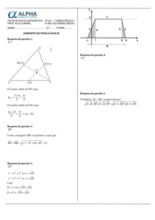 FICHA ALPHA DE MATEMÁTICA Nº 06 – 1º BIMESTRE/2014
PROF. ALEX CABRAL 3º ANO DO ENSINO MÉDIO
NOME:............................................... Nº:......... TURMA:...........
GABARITO DA FICHA ALPHA 06
Resposta da questão 1:
[C]
D é ponto médio de PN, logo:
D
7 4 11
x .
2 2
+
= =
D é ponto médio de CM, logo:
C
C
x 3 11
x 8.
2 2
+
= ⇒ =
Resposta da questão 2:
[B]
Como o triângulo ABC é equilátero, segue que
2 2
AC AB ( 1 1) (0 0) 2.= = − − + − =
Resposta da questão 3:
[E]
2925 222
=⇔+= xx
2615 222
=⇔+= yy
Logo
P = 2629107 +++
P = 17 + 2629 +
-1 9
5
1 8
x y
7
10
5 5
y
x
Resposta da questão 4:
[A]
Resposta da questão 5:
Verdadeira. AC = BC, comprovado por
2 2 2 2
(1 3 0) (1 3 0) (2 1 3) (2 1 3) .+ − + − − = − − + − +
 