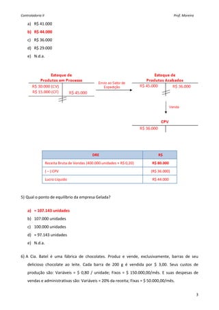 Controladoria II                                                                                                                                          Prof. Moreira 

    a) R$ 41.000 
    b) R$ 44.000 
    c) R$ 36.000 
    d) R$ 29.000 
    e) N.d.a. 
     




                                                                                                                                                                                
     
     
     
                                                      DRE                                                                      R$ 

                Receita Bruta de Vendas (400.000 unidades × R$ 0,20)                                                    R$ 80.000 

                ( − ) CPV                                                                                              (R$ 36.000) 

                Lucro Líquido                                                                                            R$ 44.000 
     
     
5) Qual o ponto de equilíbrio da empresa Gelada? 
     
    a) ≈ 107.143 unidades 
    b) 107.000 unidades 
    c) 100.000 unidades 
    d) ≈ 97.143 unidades 
    e) N.d.a. 
     
6) A  Cia.  Batel  é  uma  fábrica  de  chocolates.  Produz  e  vende,  exclusivamente,  barras  de  seu 
    delicioso  chocolate  ao  leite.  Cada  barra  de  200  g  é  vendida  por  $  3,00.  Seus  custos  de 
    produção  são:  Variáveis  =  $  0,80  /  unidade;  Fixos  =  $  150.000,00/mês.  E  suas  despesas  de 
    vendas e administrativas são: Variáveis = 20% da receita; Fixas = $ 50.000,00/mês.  


                                                                                                                                                                           3
 