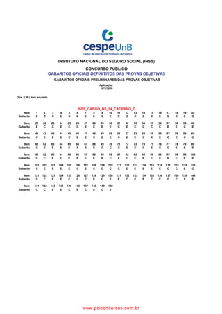 Obs.: ( X ) item anulado 
INSTITUTO NACIONAL DO SEGURO SOCIAL (INSS) 
CONCURSO PÚBLICO 
GABARITOS OFICIAIS DEFINITIVOS DAS PROVAS OBJETIVAS 
Aplicação: 
1 2 3 4 5 6 7 8 9 10 11 12 13 14 15 16 17 18 19 20 
E C C E C E E E C E E C C E C E E C E C 
21 22 23 24 25 26 27 28 29 30 31 32 33 34 35 36 37 38 39 40 
E C C E C C E C E E C E C C C C E E C E 
41 42 43 44 45 46 47 48 49 50 51 52 53 54 55 56 57 58 59 60 
C E E E C E E C E E C E E C X E C E C C 
61 62 63 64 65 66 67 68 69 70 71 72 73 74 75 76 77 78 79 80 
C E E E E X E C C C C E C C E C C E E E 
81 82 83 84 85 86 87 88 89 90 91 92 93 94 95 96 97 98 99 100 
C C E C E E C E E C X C C E C C E C E E 
101 102 103 104 105 106 107 108 109 110 111 112 113 114 115 116 117 118 119 120 
C E E E C C E C C C C E E E E E C C E C 
121 122 123 124 125 126 127 128 129 130 131 132 133 134 135 136 137 138 139 140 
C C E E C C C E C E E C E E C E C C X E 
141 142 143 144 145 146 147 148 149 150 
C C E E C E C C C E 0 0 0 0 0 0 0 0 0 0 
0 0 0 0 0 0 0 0 0 0 0 0 0 0 0 0 0 0 0 0 
0 0 0 0 0 0 0 0 0 0 0 0 0 0 0 0 0 0 0 0 
0 0 0 0 0 0 0 0 0 0 0 0 0 0 0 0 0 0 0 0 
0 0 0 0 0 0 0 0 0 0 0 0 0 0 0 0 0 0 0 0 
0 0 0 0 0 0 0 0 0 0 0 0 0 0 0 0 0 0 0 0 
0 0 0 0 0 0 0 0 0 0 0 0 0 0 0 0 0 0 0 0 
0 0 0 0 0 0 0 0 0 0 0 0 0 0 0 0 0 0 0 0 
Gabarito 
GABARITOS OFICIAIS PRELIMINARES DAS PROVAS OBJETIVAS 
Item 
INSS_CARGO_NS_04_CADERNO_D 
Item 
Gabarito 
Item 
Gabarito 
Item 
Gabarito 
Item 
Gabarito 
Item 
Gabarito 
Item 
Gabarito 
Item 
Gabarito 
16/3/2008 
0 
www.pciconcursos.com.br
 
 