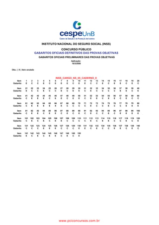 Aplicação: 
1 2 3 4 5 6 7 8 9 10 11 12 13 14 15 16 17 18 19 20 
E C C E C E E E C E E C C E C E E C E C 
21 22 23 24 25 26 27 28 29 30 31 32 33 34 35 36 37 38 39 40 
E C C E C C E C E E C E C C C C E E C E 
41 42 43 44 45 46 47 48 49 50 51 52 53 54 55 56 57 58 59 60 
C E E E C E E C E E C E E C X E C E C C 
61 62 63 64 65 66 67 68 69 70 71 72 73 74 75 76 77 78 79 80 
C E E E E X E C C C C E C C E C C E E E 
81 82 83 84 85 86 87 88 89 90 91 92 93 94 95 96 97 98 99 100 
C E E C E E C E C E C E C C E C E E E E 
101 102 103 104 105 106 107 108 109 110 111 112 113 114 115 116 117 118 119 120 
C E C E C E E C C C C E C E E C C E C E 
121 122 123 124 125 126 127 128 129 130 131 132 133 134 135 136 137 138 139 140 
C C C E E E C C C E E C E C C E E C E C 
141 142 143 144 145 146 147 148 149 150 
E C E C E E C E C E 0 0 0 0 0 0 0 0 0 0 
0 0 0 0 0 0 0 0 0 0 0 0 0 0 0 0 0 0 0 0 
0 0 0 0 0 0 0 0 0 0 0 0 0 0 0 0 0 0 0 0 
0 0 0 0 0 0 0 0 0 0 0 0 0 0 0 0 0 0 0 0 
0 0 0 0 0 0 0 0 0 0 0 0 0 0 0 0 0 0 0 0 
0 0 0 0 0 0 0 0 0 0 0 0 0 0 0 0 0 0 0 0 
0 0 0 0 0 0 0 0 0 0 0 0 0 0 0 0 0 0 0 0 
0 0 0 0 0 0 0 0 0 0 0 0 0 0 0 0 0 0 0 0 
0 
16/3/2008 
Item 
Gabarito 
Item 
Gabarito 
Item 
Gabarito 
Item 
Gabarito 
Item 
Gabarito 
Item 
Gabarito 
Item 
Gabarito 
INSTITUTO NACIONAL DO SEGURO SOCIAL (INSS) 
CONCURSO PÚBLICO 
GABARITOS OFICIAIS DEFINITIVOS DAS PROVAS OBJETIVAS 
Gabarito 
GABARITOS OFICIAIS PRELIMINARES DAS PROVAS OBJETIVAS 
Item 
INSS_CARGO_NS_05_CADERNO_E 
Obs.: ( X ) item anulado 
www.pciconcursos.com.br
 
 