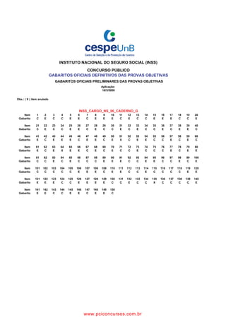 INSTITUTO NACIONAL DO SEGURO SOCIAL (INSS) 
CONCURSO PÚBLICO 
GABARITOS OFICIAIS DEFINITIVOS DAS PROVAS OBJETIVAS 
GABARITOS OFICIAIS PRELIMINARES DAS PROVAS OBJETIVAS 
Aplicação: 
16/3/2008 
Obs.: ( X ) item anulado 
1 2 3 4 5 6 7 8 9 10 11 12 13 14 15 16 17 18 19 20 
C E C C E E C E E E C E C C E E E C C E 
21 22 23 24 25 26 27 28 29 30 31 32 33 34 35 36 37 38 39 40 
C E C C E E C E C C E C E C C E C E E C 
41 42 43 44 45 46 47 48 49 50 51 52 53 54 55 56 57 58 59 60 
E C E E E C E E C E X C E E C C E C E C 
61 62 63 64 65 66 67 68 69 70 71 72 73 74 75 76 77 78 79 80 
E C E X E E C E C E C C E C C C E C E E 
81 82 83 84 85 86 87 88 89 90 91 92 93 94 95 96 97 98 99 100 
C C E C E C C C E E E C C E E C C E C E 
101 102 103 104 105 106 107 108 109 110 111 112 113 114 115 116 117 118 119 120 
C C C C C E E E C E E C C E C C C C E E 
121 122 123 124 125 126 127 128 129 130 131 132 133 134 135 136 137 138 139 140 
E E E C C E E E E C C E C C X C C C C E 
141 142 143 144 145 146 147 148 149 150 
E E C C E E C E E C 0 0 0 0 0 0 0 0 0 0 
0 0 0 0 0 0 0 0 0 0 0 0 0 0 0 0 0 0 0 0 
0 0 0 0 0 0 0 0 0 0 0 0 0 0 0 0 0 0 0 0 
0 0 0 0 0 0 0 0 0 0 0 0 0 0 0 0 0 0 0 0 
0 0 0 0 0 0 0 0 0 0 0 0 0 0 0 0 0 0 0 0 
0 0 0 0 0 0 0 0 0 0 0 0 0 0 0 0 0 0 0 0 
0 0 0 0 0 0 0 0 0 0 0 0 0 0 0 0 0 0 0 0 
0 0 0 0 0 0 0 0 0 0 0 0 0 0 0 0 0 0 0 0 
0 
Item 
Gabarito 
Item 
Gabarito 
Item 
Gabarito 
Item 
Gabarito 
INSS_CARGO_NS_06_CADERNO_G 
Item 
Gabarito 
Item 
Gabarito 
Item 
Gabarito 
Item 
Gabarito 
www.pciconcursos.com.br
 
 