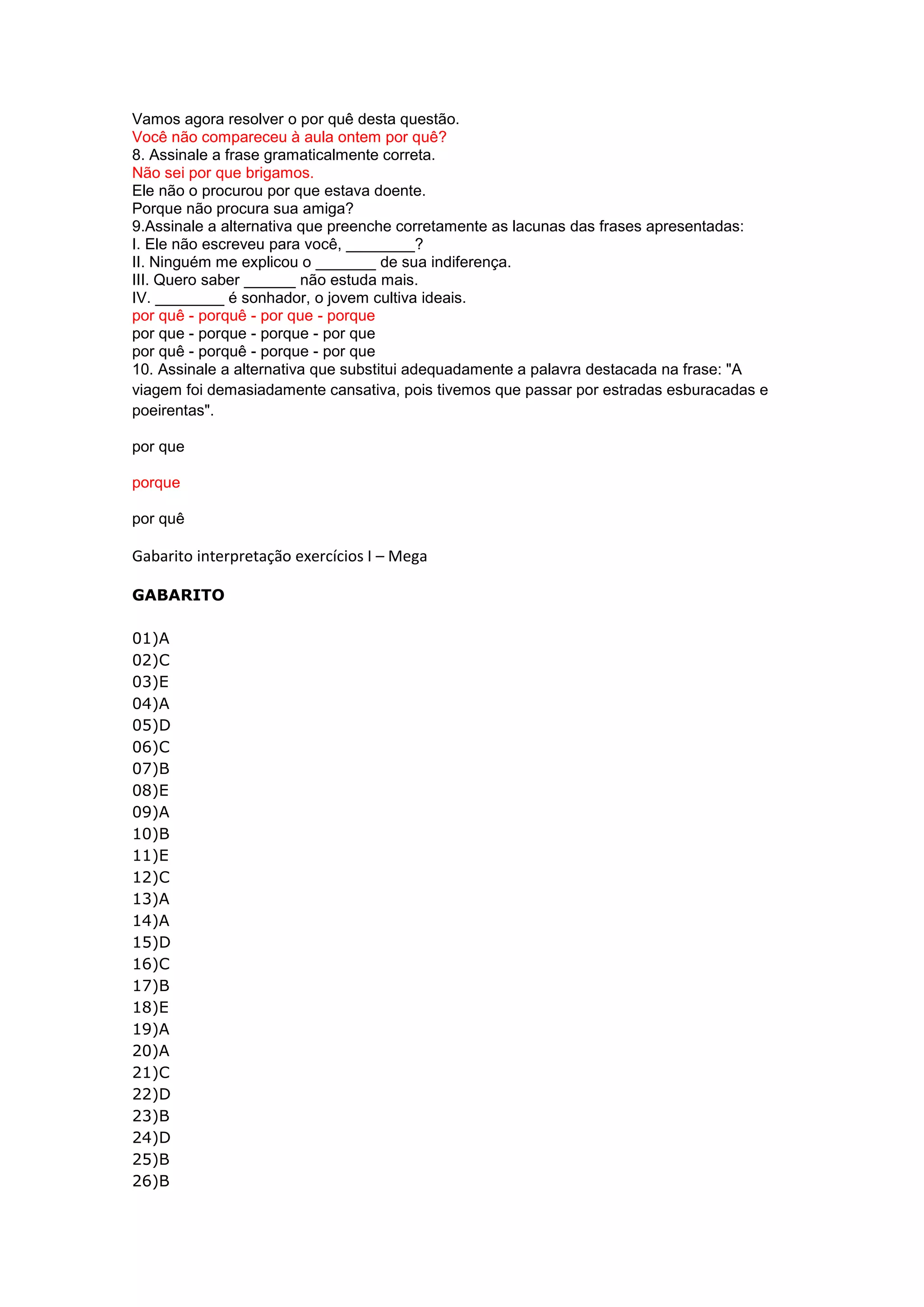 Gabarito Exercícios (onde/aonde/porquês/mal/mau) Mega Concursos | PDF