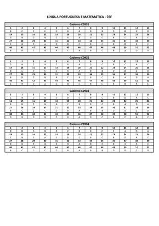 1 2 3 4 5 6 7 8 9 10 11 12 13
B C D C D B A B B D D C D
14 15 16 17 18 19 20 21 22 23 24 25 26
D B D B C B A D C B C A C
27 28 29 30 31 32 33 34 35 36 37 38 39
C B D A D D C B C B D A C
40 41 42 43 44 45 46 47 48 49 50 51 52
B D C B A C B B C B A D A
1 2 3 4 5 6 7 8 9 10 11 12 13
D B D B C B A D C B C A C
14 15 16 17 18 19 20 21 22 23 24 25 26
B C D C D B A B B D D C D
27 28 29 30 31 32 33 34 35 36 37 38 39
B D C B A C B B C B A D A
40 41 42 43 44 45 46 47 48 49 50 51 52
C B D A D D C B C B D A C
1 2 3 4 5 6 7 8 9 10 11 12 13
C B D A D D C B C B D A C
14 15 16 17 18 19 20 21 22 23 24 25 26
B D C B A C B B C B A D A
27 28 29 30 31 32 33 34 35 36 37 38 39
B C D C D B A B B D D C D
40 41 42 43 44 45 46 47 48 49 50 51 52
D B D B C B A D C B C A C
1 2 3 4 5 6 7 8 9 10 11 12 13
B D C B A C B B C B A D A
14 15 16 17 18 19 20 21 22 23 24 25 26
C B D A D D C B C B D A C
27 28 29 30 31 32 33 34 35 36 37 38 39
D B D B C B A D C B C A C
40 41 42 43 44 45 46 47 48 49 50 51 52
B C D C D B A B B D D C D
Caderno C0901
LÍNGUA PORTUGUESA E MATEMÁTICA ‐ 9EF
Caderno C0902
Caderno C0903
Caderno C0904
 