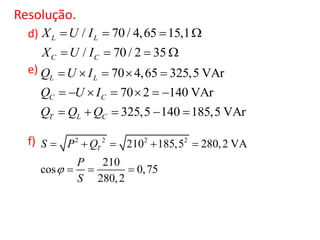 Resolução.
d)
e)
f)
/ 70 / 4,65 15,1
/ 70 / 2 35
L L
C C
X U I
X U I
   
   
70 4,65 325,5 VAr
70 2 140 VAr
325,5 140 185,5 VAr
L L
C C
T L C
Q U I
Q U I
Q Q Q
    
      
    
2 2 2 2
210 185,5 280,2 VA
210
cos 0,75
280,2
TS P Q
P
S

    
  
 