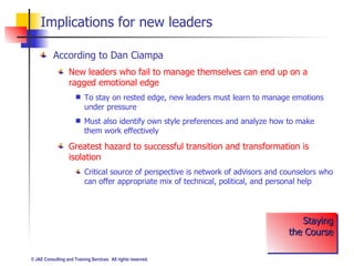 Implications for new leaders <ul><li>According to Dan Ciampa </li></ul><ul><ul><li>New leaders who fail to manage themselv...