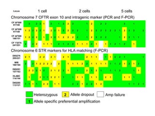 Locus 1 cell 2 cells 5 cells 
Chromosome 7 CFTR exon 10 and intragenic marker (PCR and F-PCR) 
CF ΔF508 
97/100 2 2 2 1 2 1 2 2 2 1 2 2 2 2 1 
CF ΔF508 
97/100 1 2 2 2 2 1 2 2 1 2 2 2 2 1 2 2 2 2 2 2 1 2 2 2 2 
CF ΔF508 
148/151 1 2 2 2 1 2 2 1 2 2 2 2 1 2 2 2 2 1 2 2 1 1 
CF 17βTA 
247/251 2 2 2 1 1 1 2 1 2 2 1 1 1 2 1 1 1 2 1 2 1 
Chromosome 6 STR markers for HLA matching (F-PCR) 
D6S276 
205/221 2 1 2 2 2 1 2 1 2 1 1 1 1 2 2 1 1 
MIB 
180/184 2 2 1 2 2 2 2 2 1 1 1 2 2 1 1 1 1 1 1 2 1 2 1 2 
D6S291 
157/163 2 2 2 1 2 2 1 2 2 1 1 2 1 2 1 1 1 2 1 1 
HLABC 
114/144 1 2 1 1 2 2 1 1 1 1 1 1 1 2 1 1 1 1 
D6S265 
113/121 1 1 1 1 2 2 1 1 2 2 1 2 2 1 2 1 1 2 1 
Heterozygous Allele dropout Amp failure 
1 
2 
Allele specific preferential amplification 
 