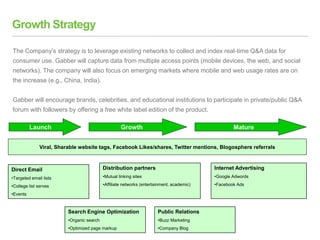 Growth Strategy
The Company’s strategy is to leverage existing networks to collect and index real-time Q&A data for
consumer use. Gabber will capture data from multiple access points (mobile devices, the web, and social
networks). The company will also focus on emerging markets where mobile and web usage rates are on
the increase (e.g., China, India).
Gabber will encourage brands, celebrities, and educational institutions to participate in private/public Q&A
forum with followers by offering a free white label edition of the product.
Launch Growth Mature
Viral, Sharable website tags, Facebook Likes/shares, Twitter mentions, Blogosphere referrals
Direct Email
•Targeted email lists
•College list serves
•Events
Distribution partners
•Mutual linking sites
•Affiliate networks (entertainment, academic)
Internet Advertising
•Google Adwords
•Facebook Ads
Search Engine Optimization
•Organic search
•Optimized page markup
Public Relations
•Buzz Marketing
•Company Blog
 