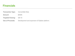 Financials
Transaction Type: Convertible Note
Amount: $250K
Targeted Closing: Q4-10
Use of Proceeds: Development and expansion of Gabber platform.
 