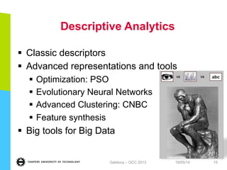 Descriptive Analytics
§  Classic descriptors
§  Advanced representations and tools
§  Optimization: PSO
§  Evolutionary Neural Networks
§  Advanced Clustering: CNBC
§  Feature synthesis
§  Big tools for Big Data
19/05/14Gabbouj – GCC 2013 15
 