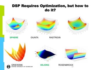 27	

GRIEWANK DEJONG ROSENBROCK
SPHERE GIUNTA RASTRIGIN
DSP Requires Optimization, but how to
do it?
 