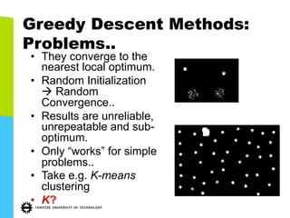Greedy Descent Methods:
Problems..
•  They converge to the
nearest local optimum.
•  Random Initialization
à Random
Convergence..
•  Results are unreliable,
unrepeatable and sub-
optimum.
•  Only “works” for simple
problems..
•  Take e.g. K-means
clustering
•  K?
 