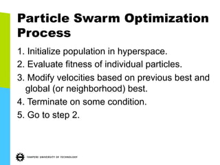 Particle Swarm Optimization
Process
1. Initialize population in hyperspace.
2. Evaluate fitness of individual particles.
3. Modify velocities based on previous best and
global (or neighborhood) best.
4. Terminate on some condition.
5. Go to step 2.
 