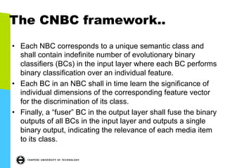 The CNBC framework..
•  Each NBC corresponds to a unique semantic class and
shall contain indefinite number of evolutionary binary
classifiers (BCs) in the input layer where each BC performs
binary classification over an individual feature.
•  Each BC in an NBC shall in time learn the significance of
individual dimensions of the corresponding feature vector
for the discrimination of its class.
•  Finally, a “fuser” BC in the output layer shall fuse the binary
outputs of all BCs in the input layer and outputs a single
binary output, indicating the relevance of each media item
to its class.
 