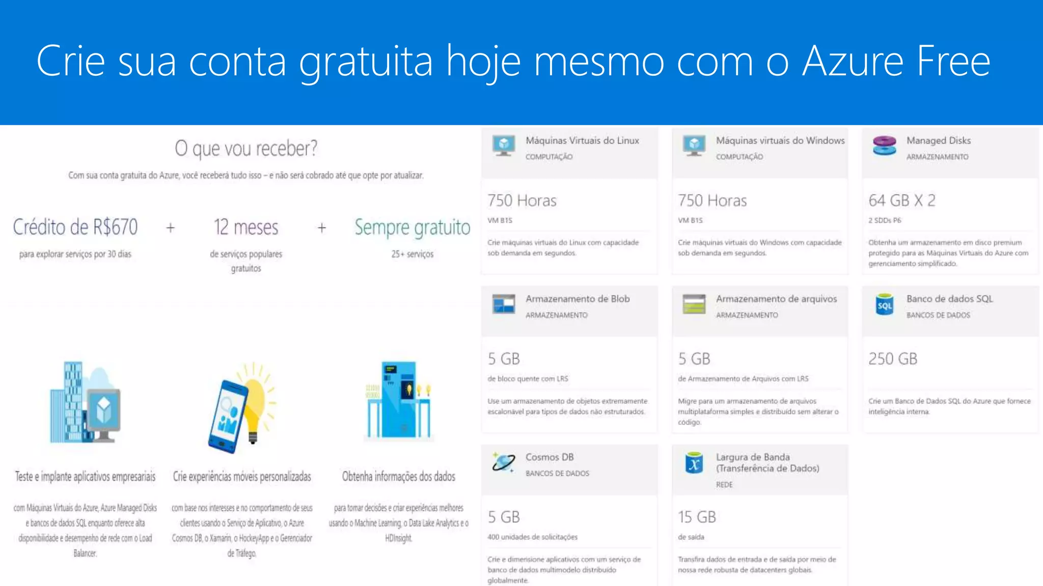 Crie sua conta gratuita hoje mesmo com o Azure Free
 
