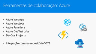 Ferramentas de colaboração: Azure
• Azure WebApp
• Azure WebJobs
• Azure Functions
• Azure DevTest Labs
• DevOps Projects
• Integração com seu repositório VSTS
 