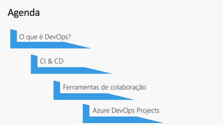 Agenda
O que é DevOps?
CI & CD
Ferramentas de colaboração
Azure DevOps Projects
 