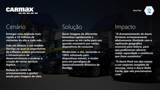 Cenário
Entregar uma resposta mais
rápida a 16 milhões de
visitantes do site a cada mês.
Indo em direção a um modelo
DevOps no qual os engenheiros
de software podem provisionar
a infraestrutura de
desenvolvimento e acelerar a
criação de novos serviços
digitais.
Reduza os custos de
armazenamento e ganhar
escala para imagens de sites.
Solução
Gerar imagens de diferentes
tamanhos rapidamente e
armazene-as em cache para uso
quando necessário por vários
dispositivos de consumo.
Modernizar o site, tornando-o
100% otimizado para
dispositivos móveis, e mudar
para um paradigma de
desenvolvimento dinâmico de
DevOps.
Impacto
"O Armazenamento do Azure
forneceu armazenamento
efetivamente ilimitado com a
replicação geográfica
acessível para leitura, para
que pudéssemos oferecer
maior capacidade e resiliência
que fosse econômica“
"O Azure PaaS nos deu acesso
a um conjunto completo de
recursos, como o Azure Redis
Cache, que não precisávamos
criar.“
Dev/Test
 