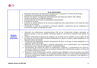 En la Universidad:
                      •   Eliminación del número de titulaciones ofertadas que no alcancen un mínimo de alumnado.
                      •   Limitación de incorporación de nuevos profesores.
                      •   Revisión del régimen de dedicación del profesorado que tenga que impartir más créditos.
                      •   Límites al aumento en la edad de jubilación.
                      •   Incorporación de los principios de estabilidad presupuestaria.
                      •   Financiación de becas.
                      •   Aumento de precios públicos de los servicios académicos para aproximarlos a una media de coste
                          efectivo de los mismos.
                      •   Incrementar el coste de la matrícula al alumnado repetidor y determinar que los ciudadanos no
                          comunitarios paguen la totalidad del coste.


                      •    Reducción de retribuciones complementarias (5% de las retribuciones íntegras calculadas en
                          términos anuales. Al ser con carácter retroactivo desde el 1 de enero la reducción real supone un
   Medidas                10%).
   relativas          •    Revisión condiciones en procesos de jubilación de tal forma que se modifica la Ley 2/1987, de 30
  al personal             de marzo de la Función Pública Canaria declarándose de oficio al cumplir la edad establecida en la
                          legislación básica del Estado.
                      • Introducción de jubilaciones forzosas declarándose de oficio al cumplir la edad establecida en la
                           legislación básica del Estado.
                       • Reducción de la prima del seguro mediante equiparación de la indemnización por incapacidad
                           permanente entre el personal funcionario y el personal laboral.
                        • Intensificación del control del gasto en sustituciones, refuerzos y nombramientos de interinos,
                           reteniendo crédito en el caso de que se produzca desviaciones, manteniendo el gasto, al menos en
                           los mismos niveles que en 2011.
                        • Reducción, de las retribuciones a abonar mediante pago delegado al personal docente que presta
                           servicios en centros concertados, en el segundo semestre del 2012, en una cuantía equivalente al
                           5% de las retribuciones integras calculadas en términos anuales y con referencia a las vigentes a 1
                           de enero de 2012.




Gabinete Técnico de FETE-UGT                                                                                                12
 