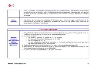 tercio o un medio, con la disminución proporcional de sus retribuciones-. Este derecho se extiende al
                             cuidado directo de un familiar, hasta el segundo grado de consaguinidad o afinidad, que por razones
                             de edad, accidente o enfermedad no pueda valerse por sí mismo y que no desempeñe actividad
                             retribuida.


    Otras            •       Tramitación de contratos centralizados de telefonía fija y móvil, energía, centralización de la
   medidas                   administración en todas las plataformas informáticas, reducción del gasto postal mediante el
                             fomento de la notificación electrónica.




                                                     CASTILLA-LA MANCHA

                         •   La parte lectiva de la jornada semanal del personal docente será, como mínimo, de 25 horas en
                             Infantil y en Primaria y de 20 horas en las restantes enseñanzas.
                         •   Aumento de ratios:
   Medidas                      - En Infantil y Primaria, se pasará de 25 a 30 alumnos.
  educativas                    - En Educación Secundaria Obligatoria, de 30 a 35.
(En aplicación                  - En Bachillerato de 35 a 40.
   del Real                     - Se está estudiando el aumentar las ratios en Formación profesional, incremento que podrá
 Decreto Ley                        ser efectivo sólo en algunas modalidades.
  14/2012)               •   Reducción de sustituciones y no cobertura de bajas inferiores a 10 días de duración.
                         •   Seguimiento de las bajas reiteradas desde la Inspección Médica. Esta medida se adoptó en esta
                             Comunidad Autónoma desde el curso 2011/2012.
                         •   Aumento de la jornada de trabajo a 37’5 horas semanales.




Gabinete Técnico de FETE-UGT                                                                                                    15
 