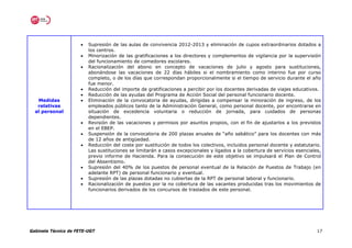 •   Supresión de las aulas de convivencia 2012-2013 y eliminación de cupos extraordinarios dotados a
                          los centros.
                      •   Minorización de las gratificaciones a los directores y complementos de vigilancia por la supervisión
                          del funcionamiento de comedores escolares.
                      •   Racionalización del abono en concepto de vacaciones de julio y agosto para sustituciones,
                          abonándose las vacaciones de 22 días hábiles si el nombramiento como interino fue por curso
                          completo, o de los días que correspondan proporcionalmente si el tiempo de servicio durante el año
                          fue menor.
                      •   Reducción del importe de gratificaciones a percibir por los docentes derivadas de viajes educativos.
                      •   Reducción de las ayudas del Programa de Acción Social del personal funcionario docente.
   Medidas            •   Eliminación de la convocatoria de ayudas, dirigidas a compensar la minoración de ingreso, de los
   relativas              empleados públicos tanto de la Administración General, como personal docente, por encontrarse en
  al personal             situación de excedencia voluntaria o reducción de jornada, para cuidados de personas
                          dependientes.
                      •   Revisión de las vacaciones y permisos por asuntos propios, con el fin de ajustarlos a los previstos
                          en el EBEP.
                      •   Suspensión de la convocatoria de 200 plazas anuales de “año sabático” para los docentes con más
                          de 12 años de antigüedad.
                      •   Reducción del coste por sustitución de todos los colectivos, incluidos personal docente y estatutario.
                          Las sustituciones se limitarán a casos excepcionales y ligados a la cobertura de servicios esenciales,
                          previo informe de Hacienda. Para la consecución de este objetivo se impulsará el Plan de Control
                          del Absentismo.
                      •   Supresión del 40% de los puestos de personal eventual de la Relación de Puestos de Trabajo (en
                          adelante RPT) de personal funcionario y eventual.
                      •   Supresión de las plazas dotadas no cubiertas de la RPT de personal laboral y funcionario.
                      •   Racionalización de puestos por la no cobertura de las vacantes producidas tras los movimientos de
                          funcionarios derivados de los concursos de traslados de este personal.




Gabinete Técnico de FETE-UGT                                                                                                  17
 