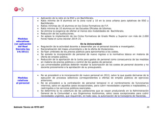 •   Aplicación de la ratio en la ESO y en Bachillerato.
                      •   Ratio mínima de 8 alumnos en la zona rural y 10 en la zona urbana para optativas de ESO y
                          Bachillerato.
                      •   Ratios mínimas de 10 alumnos en los Ciclos Formativos de F.P.
                      •   Ratio mínima de 10 alumnos en las Escuelas Oficiales de Idiomas.
                      •   Se elimina la exigencia de ofertar al menos dos modalidades de Bachillerato.
                      •   Reducción de las sustituciones.
                      •   Se aplaza la implantación de los Ciclos Formativos de Grado Medio y Superior con más de 2.000
   Medidas                horas hasta el curso escolar 2014-15.
  educativas
(en aplicación                                                 En la Universidad:
   del Real           •   Regulación de la actividad docente a desarrollar por el personal docente e investigador.
 Decreto-ley          •   Racionalización del mapa universitario y de la oferta de titulaciones.
  14/2012)            •   Se fijan umbrales de los precios públicos para aproximarlos a los costes.
                      •   Se somete la incorporación de personal de nuevo ingreso a la normativa básica en materia de
                          oferta de empleo público.
                      •   Reducción de la aportación de la Junta para gastos de personal como consecuencia de las medidas
                          en materia de precios públicos y control de los gastos de personal.
                      •   Las universidades públicas deberán recabar la autorización de los costes de personal docente y no
                          docente previamente a la aprobación de su presupuesto.


                      •   No se procederá a la incorporación de nuevo personal en 2012, salvo la que pueda derivarse de la
   Medidas                ejecución de procesos selectivos correspondientes a ofertas de empleo públicos de ejercicios
   relativas              anteriores.
  al personal         •   No se procederá a la contratación de personal temporal ni al nombramiento de funcionarios
                          interinos, salvo en aquellos casos excepcionales, para cubrir necesidades urgentes e inaplazables, y
                          restringidos a los servicios públicos esenciales.
                      •   Se determina la no cobertura de las jubilaciones que se vayan produciendo en la Administración
                          General de la Comunidad y sus Organismos Autónomos, salvo casos excepcionales para cubrir
                          necesidades urgentes, que requerirán, en todo caso, la autorización de la Consejería de Hacienda.




Gabinete Técnico de FETE-UGT                                                                                                20
 