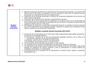 •   Aplicación progresiva del abono de la paga adicional del complemento específico, con importes del
                           80% en junio y del 100% en diciembre, lo que ha supuesto un ahorro de 14 millones de euros
                           anuales por la no aplicación del 20% de la paga de junio.
                       •   Suspensión de los Acuerdos Sectoriales en relación con el personal estatutario de los servicios de
                           salud, justicia y educación.
                       •   Contención del crecimiento de la plantilla y amortización de vacantes.
                       •   Incremento de las horas lectivas para los profesores. En el ejercicio 2011 se ha incrementado las
                           horas lectivas para los profesores de secundaria de 18 a 20 horas. El aumento de estas horas ha
                           supuesto la disminución de 1.190 cupos.
    Medidas            •   Plan Especial de Inspección y control de la Incapacidad Temporal. Su objetivo ha sido la reducción
    relativas              del nivel de absentismo de los empleados públicos, ajustando sus bajas a las necesidades clínicas
   al personal             reales y evitando así las actuaciones fraudulentas.

                                            Medidas a acometer durante el periodo 2012-2014:

                       •   (2) Recorte de la masa salarial de un 3,3%, que a todo el personal del sector público autonómico,
                           incluidas las Universidades Públicas:
                           a) Funcionarios: reducción de un 6% del complemento específico mensual y de un 25% en el
                               complemento específico de las pagas extraordinarias.
                           b) Laborales: reducción de un 3,3% en sus retribuciones.
                           c) En enseñanza concertada se prevé un recorte similar.
                       •   (3) Amortización de las vacantes cuya duración no sea completa.
                       •   (4) Supresión de las subvenciones dedicadas a formación que reciben los Sindicatos.
                       •   (5) Suspensión de las ayudas a los funcionarios por formación fuera de la red propia y para cursar
                           estudios de enseñanza de régimen especial y para la matriculación en centros públicos de
                           enseñanza universitaria y no universitaria.
                       •   (6) Planteamiento de la supresión de las aportaciones a la Acción Social: ayudas a transporte,
                           colaboradoras, etc.




Gabinete Técnico de FETE-UGT                                                                                               30
 