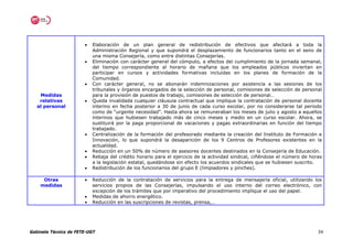 •   Elaboración de un plan general de redistribución de efectivos que afectará a toda la
                           Administración Regional y que supondrá el desplazamiento de funcionarios tanto en el seno de
                           una misma Consejería, como entre distintas Consejerías.
                       •   Eliminación con carácter general del cómputo, a efectos del cumplimiento de la jornada semanal,
                           del tiempo correspondiente al horario de mañana que los empleados públicos inviertan en
                           participar en cursos y actividades formativas incluidas en los planes de formación de la
                           Comunidad.
                       •   Con carácter general, no se abonarán indemnizaciones por asistencia a las sesiones de los
                           tribunales y órganos encargados de la selección de personal, comisiones de selección de personal
    Medidas                para la provisión de puestos de trabajo, comisiones de selección de personal…
    relativas          •   Queda invalidada cualquier cláusula contractual que implique la contratación de personal docente
   al personal             interino en fecha posterior a 30 de junio de cada curso escolar, por no considerarse tal periodo
                           como de “urgente necesidad”. Hasta ahora se remuneraban los meses de julio y agosto a aquellos
                           interinos que hubiesen trabajado más de cinco meses y medio en un curso escolar. Ahora, se
                           sustituirá por la paga proporcional de vacaciones y pagas extraordinarias en función del tiempo
                           trabajado.
                       •   Centralización de la formación del profesorado mediante la creación del Instituto de Formación e
                           Innovación, lo que supondrá la desaparición de los 9 Centros de Profesores existentes en la
                           actualidad.
                       •   Reducción en un 50% de número de asesores docentes destinados en la Consejería de Educación.
                       •   Rebaja del crédito horario para el ejercicio de la actividad sindical, ciñéndose el número de horas
                           a la legislación estatal, quedándose sin efecto los acuerdos sindicales que se hubiesen suscrito.
                       •   Redistribución de los funcionarios del grupo E (limpiadores y pinches).

     Otras             •   Reducción de la contratación de servicios para la entrega de mensajería oficial, utilizando los
    medidas                servicios propios de las Consejerías, impulsando el uso interno del correo electrónico, con
                           excepción de los trámites que por imperativo del procedimiento implique el uso del papel.
                       •   Medidas de ahorro energético.
                       •   Reducción en las suscripciones de revistas, prensa,…




Gabinete Técnico de FETE-UGT                                                                                                34
 