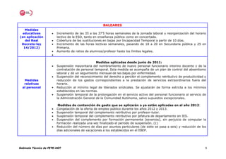 BALEARES
   Medidas
  educativas          •   Incremento de las 35 a las 37’5 horas semanales de la jornada laboral y reorganización del horario
(en aplicación            lectivo de la ESO, tanto en enseñanza pública como en concertada.
   del Real           •   Cobertura de las sustituciones en bajas por Incapacidad Temporal a partir de 10 días.
 Decreto-ley          •   Incremento de las horas lectivas semanales, pasando de 18 a 20 en Secundaria pública y 25 en
  14/2012)                Primaria.
                      •   Aumento de ratios de alumnos/profesor hasta los límites legales.
                      •

                                                    Medidas aplicadas desde junio de 2011:
                      •   Suspensión mayoritaria del nombramiento de nuevo personal funcionario interino docente y de la
                          contratación de personal temporal. Esta medida se acompaña de un plan de control del absentismo
                          laboral y de un seguimiento mensual de las bajas por enfermedad.
                      •   Suspensión del reconocimiento del derecho a percibir el complemento retributivo de productividad y
   Medidas                reducción de los gastos correspondientes a la prestación de servicios extraordinarios fuera del
   relativas              horario.
  al personal         •   Reducción al mínimo legal de liberados sindicales. Se ajustarán de forma estricta a los mínimos
                          establecidos en las normas.
                      •   Suspensión temporal de la prolongación en el servicio activo del personal funcionario al servicio de
                          la Administración General de la Comunidad Autónoma, salvo supuestos excepcionales.

                           Medidas de contención de gasto que se aplicarán o ya están aplicadas en el año 2012:
                      •   Congelación de la oferta de empleo público durante los años 2012 y 2013.
                      •   Suspensión temporal del complemento retributivo por profesor-tutor.
                      •   Suspensión temporal del complemento retributivo por jefatura de departamento en IES.
                      •   Suspensión del complemento por formación permanente (sexenios), sin perjuicio de computar la
                          formación realizada una vez finalizado el periodo de suspensión. (1)
                      •   Reducción del número de días por asuntos particulares (de siete se pasa a seis) y reducción de los
                          días adicionales de vacaciones a los establecidos en el EBEP.




Gabinete Técnico de FETE-UGT                                                                                                 9
 