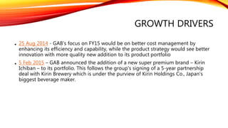 GROWTH DRIVERS
• 25 Aug 2014 - GAB's focus on FY15 would be on better cost management by
enhancing its efficiency and capability, while the product strategy would see better
innovation with more quality new addition to its product portfolio
• 5 Feb 2015 – GAB announced the addition of a new super premium brand – Kirin
Ichiban – to its portfolio. This follows the group's signing of a 5-year partnership
deal with Kirin Brewery which is under the purview of Kirin Holdings Co., Japan's
biggest beverage maker
• 20 Jan 2016 – 12 months business transformation programme aimed to increase
operational efficiencies across GAB’s entire value chain
 