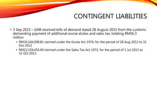 CHANGE IN OWNERSHIP
STRUCTURE
• 7 Oct 2015 – HEINEKEN acquired Diageo’s shares and is now the major shareholder
of GAB
• Business as usual for GAB as Heineken has been part of GAB family for more than 50
years now
• GAB will benefit even more from access to HEINEKEN’s international brand portfolio,
best practices, systems and processes
• HEINEKEN and Diageo are pursuing a long-term relationship.
 