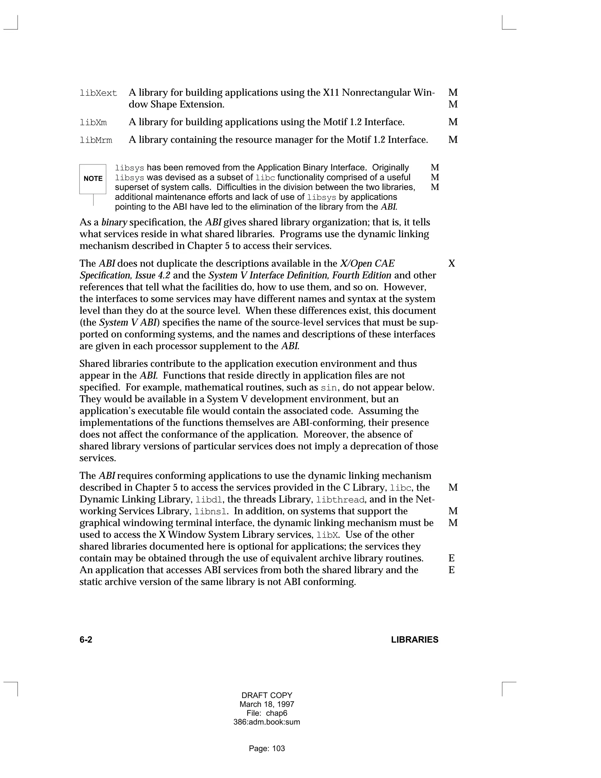 libXext M
A library for building applications using the X11 Nonrectangular Win- M
dow Shape Extension. M
libXm M
A library for building applications using the Motif 1.2 Interface. M
libMrm M
A library containing the resource manager for the Motif 1.2 Interface. M
NOTE
libsys has been removed from the Application Binary Interface. Originally M
libsys was devised as a subset of libc functionality comprised of a useful M
superset of system calls. Difficulties in the division between the two libraries, M
additional maintenance efforts and lack of use of libsys by applications
pointing to the ABI have led to the elimination of the library from the ABI.
As a binary specification, the ABI gives shared library organization; that is, it tells
what services reside in what shared libraries. Programs use the dynamic linking
mechanism described in Chapter 5 to access their services.
The ABI does not duplicate the descriptions available in the X/Open CAE X
Specification, Issue 4.2 and the System V Interface Definition, Fourth Edition and other
references that tell what the facilities do, how to use them, and so on. However,
the interfaces to some services may have different names and syntax at the system
level than they do at the source level. When these differences exist, this document
(the System V ABI) specifies the name of the source-level services that must be sup-
ported on conforming systems, and the names and descriptions of these interfaces
are given in each processor supplement to the ABI.
Shared libraries contribute to the application execution environment and thus
appear in the ABI. Functions that reside directly in application files are not
specified. For example, mathematical routines, such as sin, do not appear below.
They would be available in a System V development environment, but an
application’s executable file would contain the associated code. Assuming the
implementations of the functions themselves are ABI-conforming, their presence
does not affect the conformance of the application. Moreover, the absence of
shared library versions of particular services does not imply a deprecation of those
services.
The ABI requires conforming applications to use the dynamic linking mechanism
described in Chapter 5 to access the services provided in the C Library, libc, the M
Dynamic Linking Library, libdl, the threads Library, libthread, and in the Net-
working Services Library, libnsl. In addition, on systems that support the M
graphical windowing terminal interface, the dynamic linking mechanism must be M
used to access the X Window System Library services, libX. Use of the other
shared libraries documented here is optional for applications; the services they
contain may be obtained through the use of equivalent archive library routines. E
An application that accesses ABI services from both the shared library and the E
static archive version of the same library is not ABI conforming.
6-2 LIBRARIES
DRAFT COPY
March 18, 1997
File: chap6
386:adm.book:sum
Page: 103
 