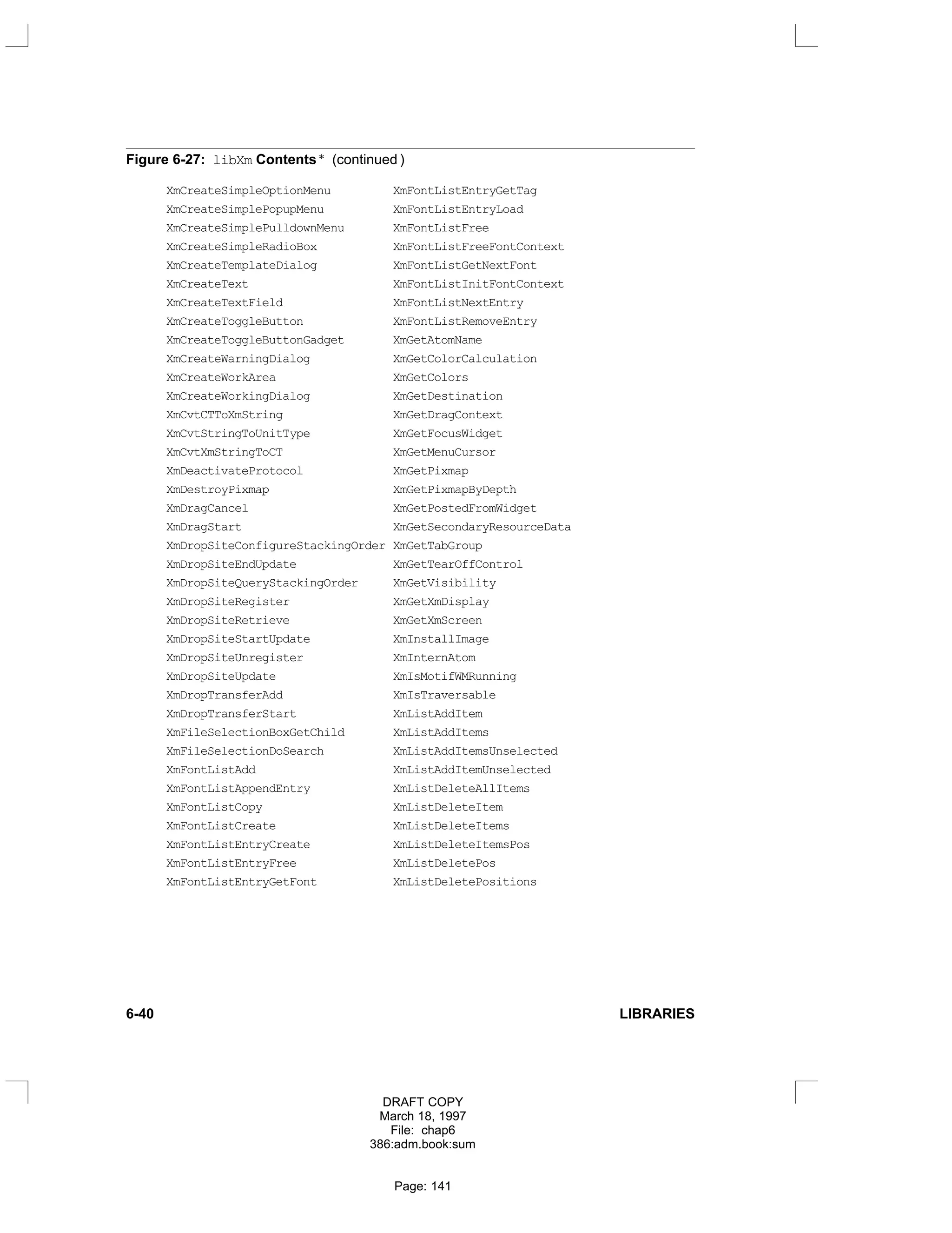 Figure 6-27: libXm Contents * (continued )
XmCreateSimpleOptionMenu XmFontListEntryGetTag
XmCreateSimplePopupMenu XmFontListEntryLoad
XmCreateSimplePulldownMenu XmFontListFree
XmCreateSimpleRadioBox XmFontListFreeFontContext
XmCreateTemplateDialog XmFontListGetNextFont
XmCreateText XmFontListInitFontContext
XmCreateTextField XmFontListNextEntry
XmCreateToggleButton XmFontListRemoveEntry
XmCreateToggleButtonGadget XmGetAtomName
XmCreateWarningDialog XmGetColorCalculation
XmCreateWorkArea XmGetColors
XmCreateWorkingDialog XmGetDestination
XmCvtCTToXmString XmGetDragContext
XmCvtStringToUnitType XmGetFocusWidget
XmCvtXmStringToCT XmGetMenuCursor
XmDeactivateProtocol XmGetPixmap
XmDestroyPixmap XmGetPixmapByDepth
XmDragCancel XmGetPostedFromWidget
XmDragStart XmGetSecondaryResourceData
XmDropSiteConfigureStackingOrder XmGetTabGroup
XmDropSiteEndUpdate XmGetTearOffControl
XmDropSiteQueryStackingOrder XmGetVisibility
XmDropSiteRegister XmGetXmDisplay
XmDropSiteRetrieve XmGetXmScreen
XmDropSiteStartUpdate XmInstallImage
XmDropSiteUnregister XmInternAtom
XmDropSiteUpdate XmIsMotifWMRunning
XmDropTransferAdd XmIsTraversable
XmDropTransferStart XmListAddItem
XmFileSelectionBoxGetChild XmListAddItems
XmFileSelectionDoSearch XmListAddItemsUnselected
XmFontListAdd XmListAddItemUnselected
XmFontListAppendEntry XmListDeleteAllItems
XmFontListCopy XmListDeleteItem
XmFontListCreate XmListDeleteItems
XmFontListEntryCreate XmListDeleteItemsPos
XmFontListEntryFree XmListDeletePos
XmFontListEntryGetFont XmListDeletePositions
6-40 LIBRARIES
DRAFT COPY
March 18, 1997
File: chap6
386:adm.book:sum
Page: 141
 