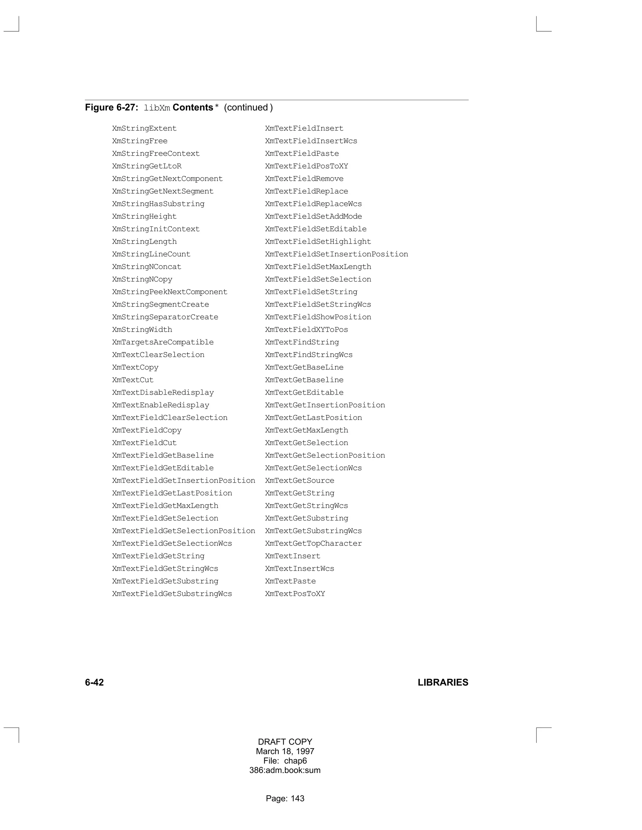 Figure 6-27: libXm Contents * (continued )
XmStringExtent XmTextFieldInsert
XmStringFree XmTextFieldInsertWcs
XmStringFreeContext XmTextFieldPaste
XmStringGetLtoR XmTextFieldPosToXY
XmStringGetNextComponent XmTextFieldRemove
XmStringGetNextSegment XmTextFieldReplace
XmStringHasSubstring XmTextFieldReplaceWcs
XmStringHeight XmTextFieldSetAddMode
XmStringInitContext XmTextFieldSetEditable
XmStringLength XmTextFieldSetHighlight
XmStringLineCount XmTextFieldSetInsertionPosition
XmStringNConcat XmTextFieldSetMaxLength
XmStringNCopy XmTextFieldSetSelection
XmStringPeekNextComponent XmTextFieldSetString
XmStringSegmentCreate XmTextFieldSetStringWcs
XmStringSeparatorCreate XmTextFieldShowPosition
XmStringWidth XmTextFieldXYToPos
XmTargetsAreCompatible XmTextFindString
XmTextClearSelection XmTextFindStringWcs
XmTextCopy XmTextGetBaseLine
XmTextCut XmTextGetBaseline
XmTextDisableRedisplay XmTextGetEditable
XmTextEnableRedisplay XmTextGetInsertionPosition
XmTextFieldClearSelection XmTextGetLastPosition
XmTextFieldCopy XmTextGetMaxLength
XmTextFieldCut XmTextGetSelection
XmTextFieldGetBaseline XmTextGetSelectionPosition
XmTextFieldGetEditable XmTextGetSelectionWcs
XmTextFieldGetInsertionPosition XmTextGetSource
XmTextFieldGetLastPosition XmTextGetString
XmTextFieldGetMaxLength XmTextGetStringWcs
XmTextFieldGetSelection XmTextGetSubstring
XmTextFieldGetSelectionPosition XmTextGetSubstringWcs
XmTextFieldGetSelectionWcs XmTextGetTopCharacter
XmTextFieldGetString XmTextInsert
XmTextFieldGetStringWcs XmTextInsertWcs
XmTextFieldGetSubstring XmTextPaste
XmTextFieldGetSubstringWcs XmTextPosToXY
6-42 LIBRARIES
DRAFT COPY
March 18, 1997
File: chap6
386:adm.book:sum
Page: 143
 