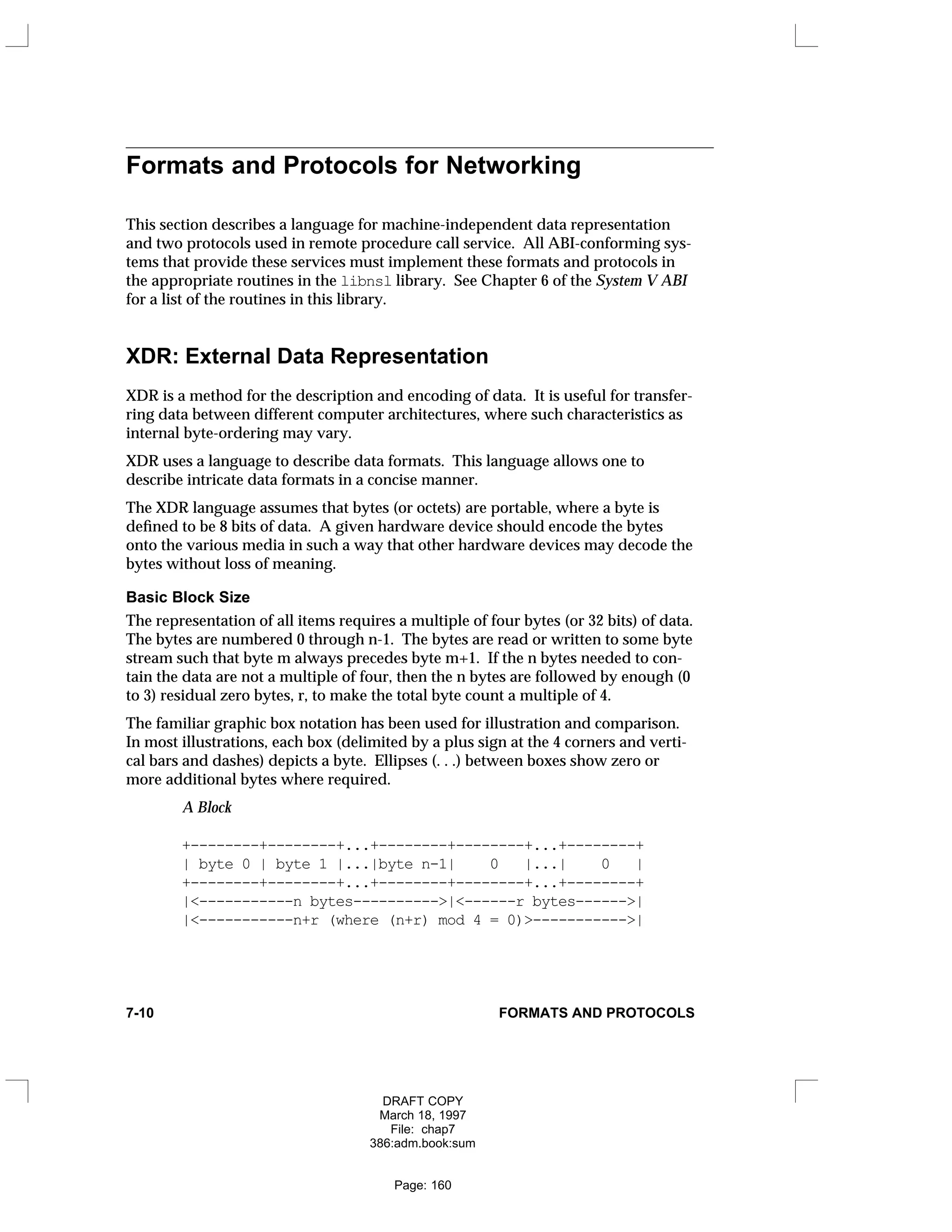 Formats and Protocols for Networking
This section describes a language for machine-independent data representation
and two protocols used in remote procedure call service. All ABI-conforming sys-
tems that provide these services must implement these formats and protocols in
the appropriate routines in the libnsl library. See Chapter 6 of the System V ABI
for a list of the routines in this library.
XDR: External Data Representation
XDR is a method for the description and encoding of data. It is useful for transfer-
ring data between different computer architectures, where such characteristics as
internal byte-ordering may vary.
XDR uses a language to describe data formats. This language allows one to
describe intricate data formats in a concise manner.
The XDR language assumes that bytes (or octets) are portable, where a byte is
defined to be 8 bits of data. A given hardware device should encode the bytes
onto the various media in such a way that other hardware devices may decode the
bytes without loss of meaning.
Basic Block Size
The representation of all items requires a multiple of four bytes (or 32 bits) of data.
The bytes are numbered 0 through n-1. The bytes are read or written to some byte
stream such that byte m always precedes byte m+1. If the n bytes needed to con-
tain the data are not a multiple of four, then the n bytes are followed by enough (0
to 3) residual zero bytes, r, to make the total byte count a multiple of 4.
The familiar graphic box notation has been used for illustration and comparison.
In most illustrations, each box (delimited by a plus sign at the 4 corners and verti-
cal bars and dashes) depicts a byte. Ellipses (. . .) between boxes show zero or
more additional bytes where required.
A Block
+--------+--------+...+--------+--------+...+--------+
| byte 0 | byte 1 |...|byte n-1| 0 |...| 0 |
+--------+--------+...+--------+--------+...+--------+
|<-----------n bytes---------->|<------r bytes------>|
|<-----------n+r (where (n+r) mod 4 = 0)>----------->|
7-10 FORMATS AND PROTOCOLS
DRAFT COPY
March 18, 1997
File: chap7
386:adm.book:sum
Page: 160
 