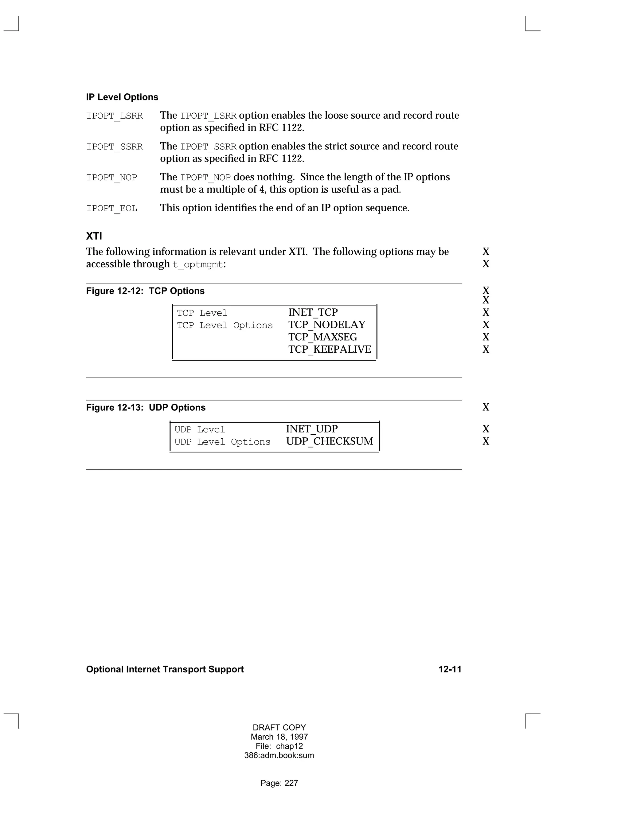 IP Level Options
IPOPT_LSRR The IPOPT_LSRR option enables the loose source and record route
option as specified in RFC 1122.
IPOPT_SSRR The IPOPT_SSRR option enables the strict source and record route
option as specified in RFC 1122.
IPOPT_NOP The IPOPT_NOP does nothing. Since the length of the IP options
must be a multiple of 4, this option is useful as a pad.
IPOPT_EOL This option identifies the end of an IP option sequence.
XTI
The following information is relevant under XTI. The following options may be X
accessible through t_optmgmt: X
Figure 12-12: TCP Options X
________________________________________ X
TCP Level INET_TCP X
TCP Level Options TCP_NODELAY X
TCP_MAXSEG X
TCP_KEEPALIVE X
________________________________________












Figure 12-13: UDP Options X
_________________________________________
UDP Level INET_UDP X
UDP Level Options UDP_CHECKSUM X
_________________________________________






Optional Internet Transport Support 12-11
DRAFT COPY
March 18, 1997
File: chap12
386:adm.book:sum
Page: 227
 