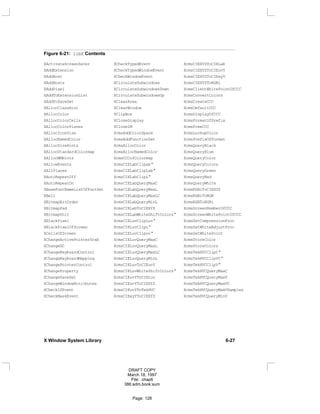 Figure 6-21: libX Contents
XActivateScreenSaver XCheckTypedEvent XcmsCIEXYZToCIELab
XAddExtension XCheckTypedWindowEvent XcmsCIEXYZToCIEuvY
XAddHost XCheckWindowEvent XcmsCIEXYZToCIExyY
XAddHosts XCirculateSubwindows XcmsCIEXYZToRGBi
XAddPixel XCirculateSubwindowsDown XcmsClientWhitePointOfCCC
XAddToExtensionList XCirculateSubwindowsUp XcmsConvertColors
XAddToSaveSet XClearArea XcmsCreateCCC
XAllocClassHint XClearWindow XcmsDefaultCCC
XAllocColor XClipBox XcmsDisplayOfCCC
XAllocColorCells XCloseDisplay XcmsFormatOfPrefix
XAllocColorPlanes XCloseIM XcmsFreeCCC
XAllocIconSize XcmsAddColorSpace XcmsLookupColor
XAllocNamedColor XcmsAddFunctionSet XcmsPrefixOfFormat
XAllocSizeHints XcmsAllocColor XcmsQueryBlack
XAllocStandardColormap XcmsAllocNamedColor XcmsQueryBlue
XAllocWMHints XcmsCCCofColormap XcmsQueryColor
XAllowEvents XcmsCIELabClipab* XcmsQueryColors
XAllPlanes XcmsCIELabClipLab* XcmsQueryGreen
XAutoRepeatOff XcmsCIELabClipL* XcmsQueryRed
XAutoRepeatOn XcmsCIELabQueryMaxC XcmsQueryWhite
XBaseFontNameListOfFontSet XcmsCIELabQueryMaxL XcmsRGBiToCIEXYZ
XBell XcmsCIELabQueryMaxLC XcmsRGBiToRGB
XBitmapBitOrder XcmsCIELabQueryMinL XcmsRGBToRGBi
XBitmapPad XcmsCIELabToCIEXYZ XcmsScreenNumberOfCCC
XBitmapUnit XcmsCIELabWhiteShiftColors* XcmsScreenWhitePointOfCCC
XBlackPixel XcmsCIELuvClipLuv* XcmsSetCompressionProc
XBlackPixelOfScreen XcmsCIELuvClipL* XcmsSetWhiteAdjustProc
XCellsOfScreen XcmsCIELuvClipuv* XcmsSetWhitePoint
XChangeActivePointerGrab XcmsCIELuvQueryMaxC XcmsStoreColor
XChangeGC XcmsCIELuvQueryMaxL XcmsStoreColors
XChangeKeyboardControl XcmsCIELuvQueryMaxLC XcmsTekHVCClipC*
XChangeKeyboardMapping XcmsCIELuvQueryMinL XcmsTekHVCClipVC*
XChangePointerControl XcmsCIELuvToCIEuvY XcmsTekHVCClipV*
XChangeProperty XcmsCIELuvWhiteShiftColors* XcmsTekHVCQueryMaxC
XChangeSaveSet XcmsCIEuvYToCIELuv XcmsTekHVCQueryMaxV
XChangeWindowAttributes XcmsCIEuvYToCIEXYZ XcmsTekHVCQueryMaxVC
XCheckIfEvent XcmsCIEuvYToTekHVC XcmsTekHVCQueryMaxVSamples
XCheckMaskEvent XcmsCIExyYToCIEXYZ XcmsTekHVCQueryMinV
X Window System Library 6-27
DRAFT COPY
March 18, 1997
File: chap6
386:adm.book:sum
Page: 128
 