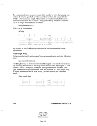 The constant m denotes an upper bound of the number of bytes that a string may
contain. If m is not specified, as in the second declaration, it is assumed to be
(2**32) - 1, the maximum length. The constant m would normally be found in a
protocol specification. For example, a filing protocol may state that a file name
can be no longer than 255 bytes, as follows:
string filename<255>;
Which can be illustrated as:
A String
0 1 2 3 4 5 ...
+-----+-----+-----+-----+-----+-----+...+-----+-----+...+-----+
| length n |byte0|byte1|...| n-1 | 0 |...| 0 |
+-----+-----+-----+-----+-----+-----+...+-----+-----+...+-----+
|<-------4 bytes------->|<------n bytes------>|<---r bytes--->|
|<----n+r (where (n+r) mod 4 = 0)---->|
It is an error to encode a length greater than the maximum described in the
specification.
Fixed-length Array
Declarations for fixed-length arrays of homogeneous elements are in the following
form:
type-name identifier[n];
Fixed-length arrays of elements numbered 0 through n-1 are encoded by individu-
ally encoding the elements of the array in their natural order, 0 through n-1. Each
element’s size is a multiple of four bytes. Though all elements are of the same
type, the elements may have different sizes. For example, in a fixed-length array
of strings, all elements are of ‘‘type string,’’ yet each element will vary in its
length.
Fixed-Length Array
+---+---+---+---+---+---+---+---+...+---+---+---+---+
| element 0 | element 1 |...| element n-1 |
+---+---+---+---+---+---+---+---+...+---+---+---+---+
|<--------------------n elements------------------->|
7-16 FORMATS AND PROTOCOLS
DRAFT COPY
March 18, 1997
File: chap7
386:adm.book:sum
Page: 166
 