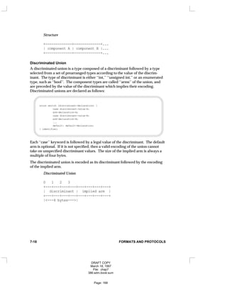 Structure
+-------------+-------------+...
| component A | component B |...
+-------------+-------------+...
Discriminated Union
A discriminated union is a type composed of a discriminant followed by a type
selected from a set of prearranged types according to the value of the discrim-
inant. The type of discriminant is either ‘‘int,’’ ‘‘unsigned int,’’ or an enumerated
type, such as ‘‘bool’’. The component types are called ‘‘arms’’ of the union, and
are preceded by the value of the discriminant which implies their encoding.
Discriminated unions are declared as follows:
union switch (discriminant-declaration) {
case discriminant-value-A:
arm-declaration-A;
case discriminant-value-B:
arm-declaration-B;
...
default: default-declaration;
} identifier;
Each ‘‘case’’ keyword is followed by a legal value of the discriminant. The default
arm is optional. If it is not specified, then a valid encoding of the union cannot
take on unspecified discriminant values. The size of the implied arm is always a
multiple of four bytes.
The discriminated union is encoded as its discriminant followed by the encoding
of the implied arm.
Discriminated Union
0 1 2 3
+---+---+---+---+---+---+---+---+
| discriminant | implied arm |
+---+---+---+---+---+---+---+---+
|<---4 bytes--->|
7-18 FORMATS AND PROTOCOLS
DRAFT COPY
March 18, 1997
File: chap7
386:adm.book:sum
Page: 168
 