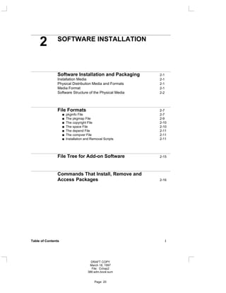 2 SOFTWARE INSTALLATION
Software Installation and Packaging 2-1
Installation Media 2-1
Physical Distribution Media and Formats 2-1
Media Format 2-1
Software Structure of the Physical Media 2-2
File Formats 2-7
pkginfo File 2-7
The pkgmap File 2-9
The copyright File 2-10
The space File 2-10
The depend File 2-11
The compver File 2-11
Installation and Removal Scripts 2-11
File Tree for Add-on Software 2-15
Commands That Install, Remove and
Access Packages 2-16
Table of Contents i
DRAFT COPY
March 18, 1997
File: Cchap2
386:adm.book:sum
Page: 20
 