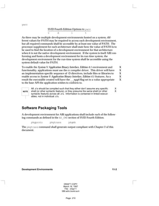 yacc
SVID Fourth Edition Options to yacc
_
_________________________________
v d l t
As there may be multiple development environments hosted on a system, dif-
ferent values for PATH may be required to access each development environment,
but all required commands shall be accessible by at least one value of PATH. The
processor supplement for each architecture shall state how the value of PATH is to
be used to find the location of a development environment for that architecture
when it is not the native development environment. If the system is itself ABI con-
forming and hosts a development environment for its run-time system, the
development environment for the run-time system shall be accessible using the
system default value for PATH.
To enable the System V Application Binary Interface, Edition 4.1 environment and X
functionality, applications must use the cc compiler driver. This driver will have X
an implementation-specific sequence of -D directives, include files or libraries to X
enable access to System V Application Binary Interface, Edition 4.1 features. As a X
result the executable created will have the _ _xpg4 flag set to a value appropriate X
to the base API the application wishes to conform to.
NOTE
All .o’s should be compiled such that they either don’t assume any specific X
shell (or other syntactic feature), or they presume the same shell (or other X
syntactic feature) across all .o’s. Information is contained in linked execut-
ables, not in individual .o’s.
Software Packaging Tools
A development environment for ABI applications shall include each of the follow-
ing commands as defined in the AS_CMD section of SVID Fourth Edition.
pkgproto pkgtrans pkgmk
The pkgtrans command shall generate output compliant with Chapter 2 of this
document.
Development Environments 11-3
DRAFT COPY
March 18, 1997
File: chap11
386:adm.book:sum
Page: 210
 