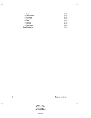 t_rcv 12-12
t_rcvconnect 12-12
t_rcvudata 12-12
t_rcvuderr 12-12
t_snd 12-12
t_snddis 12-13
t_sndrel 12-13
t_sndudata 12-13
Data Structures 12-13
ii Table of Contents
DRAFT COPY
March 18, 1997
File: Cchap12
386:adm.book:sum
Page: 216
 