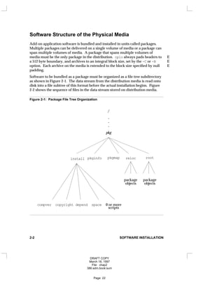 Software Structure of the Physical Media
Add-on application software is bundled and installed in units called packages.
Multiple packages can be delivered on a single volume of media or a package can
span multiple volumes of media. A package that spans multiple volumes of
media must be the only package in the distribution. cpio always pads headers to E
a 512 byte boundary, and archives to an integral block size, set by the -C or -B E
option. Each archive on the media is extended to the block size specified by null E
padding.
Software to be bundled as a package must be organized as a file tree subdirectory
as shown in Figure 2-1. The data stream from the distribution media is read onto
disk into a file subtree of this format before the actual installation begins. Figure
2-2 shows the sequence of files in the data stream stored on distribution media.
Figure 2-1: Package File Tree Organization
/
pkginfo pkgmap
copyright 0 or more
scripts
compver depend space
package
objects
reloc root
package
objects
install
pkg
.
.
.
2-2 SOFTWARE INSTALLATION
DRAFT COPY
March 18, 1997
File: chap2
386:adm.book:sum
Page: 22
 