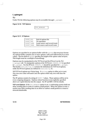t_optmgmt
TLI
Under TLI the following options may be accessible through t_optmgmt: X
Figure 12-10: TCP Options
_
_________________
TCP_NODELAY
_
_________________




Figure 12-11: IP Options
___________________________________________
IPOPT_EOL End of options list
IPOPT_NOP No operation
IPOPT_LSRR Loose source and record route
IPOPT_SSRR Strict source and record route
___________________________________________












Options are specified in an options buffer with the opthdr data structure format.
An options buffer contains one or more options, with each followed by 0 or more
values. The len field of opthdr specifies the length of the option value in bytes.
This length must be a multiple of sizeof(long)
Options may be manipulated at the TCP level and the IP level via the TLI
t_optmgmt call. To manipulate options at the TCP level, IPPROTO_TCP is specified
to t_optmgmt. For the IP level, IPPROTO_IP should be specified for t_optmgmt.
The header <netinet/tcp.h> contains the definitions for TCP level options,
while the IP level options are defined in <netinet/ip.h>.
All TCP level options are 4 bytes long. A boolean option is either set or reset.
Any non-zero value will assert (set) the option while only zero will clear the
option.
The IP options consist of a string of IPOPT_* values. These options will be set in
every outgoing datagram. Options whose function is not explicitly specified
above are copied directly into the output. See IP and RFC 1122 for details.
TCP Level Options If the TCP_NODELAY option is set, a conforming system shall not
delay sending data in order to coalesce small packets. When the option is reset, a
system may defer sending data in an effort to coalesce small packets to conserve
network bandwidth.
12-10 NETWORKING
DRAFT COPY
March 18, 1997
File: chap12
386:adm.book:sum
Page: 226
 