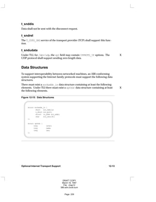 t_snddis
Data shall not be sent with the disconnect request.
t_sndrel
The T_COTS_ORD service of the transport provider (TCP) shall support this func-
tion.
t_sndudata
Under TLI, for /dev/udp, the opt field may contain IPPROTO_IP options. The X
UDP protocol shall support sending zero length data.
Data Structures
To support interoperability between networked machines, an ABI-conforming
system supporting the Internet family protocols must support the following data
structures.
There must exist a sockaddr_in data structure containing at least the following
elements. Under TLI there must exist a opthdr data structure containing at least X
the following elements.
Figure 12-15: Data Structures
struct sockaddr_in {
short sin_family;
u_short sin_port;
struct in_addr sin_addr;
char sin_zero[8];
};
struct opthdr {
long level;
long name;
long len;
};
Optional Internet Transport Support 12-13
DRAFT COPY
March 18, 1997
File: chap12
386:adm.book:sum
Page: 229
 