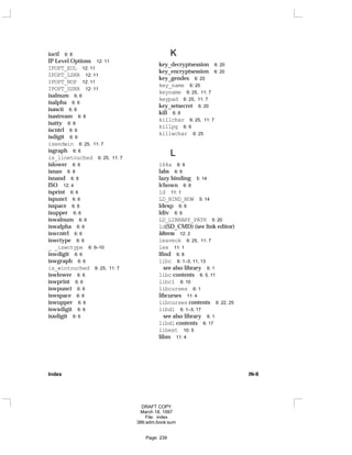 ioctl 6: 8
IP Level Options 12: 11
IPOPT_EOL 12: 11
IPOPT_LSRR 12: 11
IPOPT_NOP 12: 11
IPOPT_SSRR 12: 11
isalnum 6: 6
isalpha 6: 6
isascii 6: 8
isastream 6: 8
isatty 6: 8
iscntrl 6: 6
isdigit 6: 6
isendwin 6: 25, 11: 7
isgraph 6: 6
is_linetouched 6: 25, 11: 7
islower 6: 6
isnan 6: 8
isnand 6: 8
ISO 12: 4
isprint 6: 6
ispunct 6: 6
isspace 6: 6
isupper 6: 6
iswalnum 6: 6
iswalpha 6: 6
iswcntrl 6: 6
iswctype 6: 6
_ _iswctype 6: 9–10
iswdigit 6: 6
iswgraph 6: 6
is_wintouched 6: 25, 11: 7
iswlower 6: 6
iswprint 6: 6
iswpunct 6: 6
iswspace 6: 6
iswupper 6: 6
iswxdigit 6: 6
isxdigit 6: 6
K
key_decryptsession 6: 20
key_encryptsession 6: 20
key_gendes 6: 20
key_name 6: 25
keyname 6: 25, 11: 7
keypad 6: 25, 11: 7
key_setsecret 6: 20
kill 6: 8
killchar 6: 25, 11: 7
killpg 6: 9
killwchar 6: 25
L
l64a 6: 9
labs 6: 6
lazy binding 5: 14
lchown 6: 8
ld 11: 1
LD_BIND_NOW 5: 14
ldexp 6: 6
ldiv 6: 6
LD_LIBRARY_PATH 5: 20
ld(SD_CMD) (see link editor)
ldterm 12: 2
leaveok 6: 25, 11: 7
lex 11: 1
lfind 6: 8
libc 6: 1–3, 11, 13
see also library 6: 1
libc contents 6: 5, 11
libc1 6: 10
libcurses 6: 1
libcurses 11: 4
libcurses contents 6: 22, 25
libdl 6: 1–3, 17
see also library 6: 1
libdl contents 6: 17
libext 10: 5
libm 11: 4
Index IN-9
DRAFT COPY
March 18, 1997
File: index
386:adm.book:sum
Page: 239
 