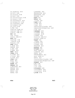 thr_keydelete 6: 15
thr_kill 6: 15
thr_minstack 6: 15
thr_self 6: 15
thr_setconcurrency 6: 15
thr_setprio 6: 15
thr_setscheduler 6: 15
thr_setspecific 6: 15
thr_sigsetmask 6: 15
thr_suspend 6: 15
thr_yield 6: 15
T_IDLE 12: 5
tigetflag 6: 25, 11: 7
tigetnum 6: 25, 11: 7
tigetstr 6: 25, 11: 7
time 6: 8
time 7: 3, 9: 1
timeout 6: 25, 11: 7
times 6: 8
timestamp 7: 34
_timezone 6: 12
timezone 6: 12
timod 12: 2, 4
T_INCON 12: 5
TINDOUT 12: 4
T_INFO 12: 5
T_INREL 12: 5
tirdwr 12: 2, 4
t_listen 6: 18
T_LISTEN 12: 4
t_listen 12: 9
T_LISTN 12: 5
t_look 6: 18
TLOOK 12: 4
T_MORE 12: 4
tmpfile 6: 6
tmpnam 6: 6
T_NEGOTIATE 12: 4
TNOADDR 12: 4
TNODATA 12: 4
TNODIS 12: 4
TNOREL 12: 4
T_NOSTATES 12: 5
TNOSTRUCTYPE 12: 4
TNOTSUPPORT 12: 4
TNOUDERR 12: 4
toascii 6: 8
tolower 6: 6
_tolower 6: 9
t_open 6: 18
T_OPEN 12: 5
t_open 12: 9
topLevelShellClassRec 6: 37
topLevelShellWidgetClass 6: 37
T_OPT 12: 5
t_optmgmt 6: 18
T_OPTMGMT 12: 5
t_optmgmt 12: 10
T_ORDREL 12: 4
touchline 6: 25, 11: 7
touchwin 6: 25, 11: 7
toupper 6: 6
_toupper 6: 9
T_OUTCON 12: 5
T_OUTREL 12: 5
TOUTSTATE 12: 4
towlower 6: 6
towupper 6: 6
tparm 6: 25, 11: 7
T_PASSCON 12: 5
TPROTO 12: 4
TPROVMISMATCH 12: 4
tputs 6: 25, 11: 7
TQFULL 12: 4
transientShellClassRec 6: 37
transientShellWidgetClass 6: 37
transport 12: 2
t_rcv 6: 18
T_RCV 12: 5
t_rcv 12: 12
t_rcvconnect 6: 18
T_RCVCONNECT 12: 5
t_rcvconnect 12: 12
t_rcvdis 6: 18
Index IN-21
DRAFT COPY
March 18, 1997
File: index
386:adm.book:sum
Page: 251
 