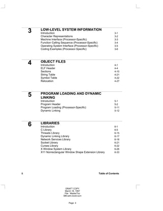 3 LOW-LEVEL SYSTEM INFORMATION
Introduction 3-1
Character Representations 3-2
Machine Interface (Processor-Specific) 3-3
Function Calling Sequence (Processor-Specific) 3-4
Operating System Interface (Processor-Specific) 3-5
Coding Examples (Processor-Specific) 3-6
4 OBJECT FILES
Introduction 4-1
ELF Header 4-4
Sections 4-10
String Table 4-21
Symbol Table 4-22
Relocation 4-27
5 PROGRAM LOADING AND DYNAMIC
LINKING
Introduction 5-1
Program Header 5-2
Program Loading (Processor-Specific) 5-11
Dynamic Linking 5-12
6 LIBRARIES
Introduction 6-1
C Library 6-5
Threads Library 6-15
Dynamic Linking Library 6-17
Network Services Library 6-18
Socket Library 6-21
Curses Library 6-22
X Window System Library 6-26
X11 Nonrectangular Window Shape Extension Library 6-33
ii Table of Contents
DRAFT COPY
March 18, 1997
File: MasterToc
386:adm.book:sum
Page: 4
 